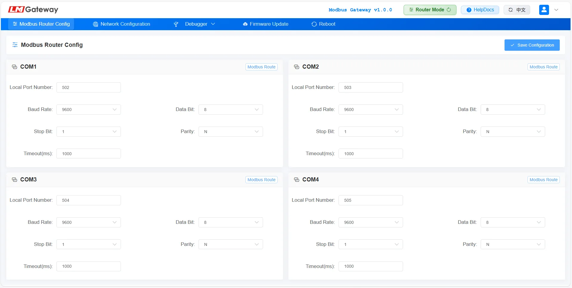 Modbus gateway routing configuration interface